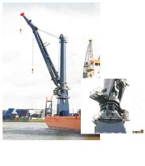 Large shipboard crane with a Triple Row external toothed Roller Slewing Ring. The high load capacity and compact proportions of this type of Slewing Ring are ideally matched to the mast and base block proportions of the crane.