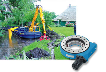 This work boat which is used in Dutch canals is fitted with a Slew Drive to move the boom of the excavator.