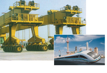 Sixteen Slew Drives on each side of this 80 m (262 ft) long special vehicle forms its steering system. Such vehicles have been used to move and place the concrete tracks of Shanghai`s magnetic suspension railway. 