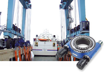 Ship lifting device to lift and place ships up to a weight of 650 tons. Eight Slew Drives carry this load capacity.