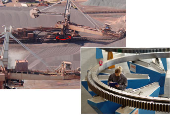 In bucketwheel-stacker/reclaimer the biggest range of our slewing rings is used: The gigantic bearings have an outside diameter of 5.2 m and every single slewing ring has a weight of more than 5000 kg. These bucketwheel-stacker/reclaimer with extension arms of up to 50 m are able to heap up or clear away more than 6000 m³ coal, iron ore or lime per hour.