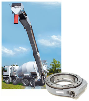 Cement mixer equipped with a conveyor belt with a length of 16.5 m, which is rotated with two Slew Drives; the considerable length of the belt leads to high tilting moments. Therefore a double row design with a reinforced housing is used.