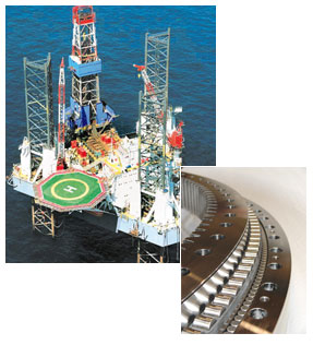 Depending on the required load carrying capacity, Single Row Ball or Triple Row Roller Slewing Rings (often with internal toothing) are used in offshore cranes.Slewing Rings for offshore applications have to meet special approval requirements regarding material characteristics and safety under catastrophic load cases. The arduous environmental conditions require high performance sealing systems. Inspection and approval by the certifying authorities is often required.