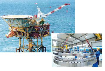 Slewing Rings for offshore applications are always subject to special approval requirements from the respective certifying authority. The rolled rings must demonstrate a notched bar impact strength of an average of 42 J at -20°C.The picture below shows the final assembly of a Triple Row, internal toothed Roller Slewing Ring for a large offshore crane.