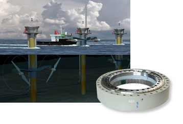 A 3-row roller bearing with special sealing and an outside diameter of about 1.5 m is used in 15 m  water depth  to shift the blades of a – up to now – unique tidal stream power system in Great Britain. 