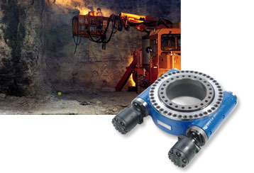 Mining vehicle with special equipment and horizontal telescopic and rotating platform. Its boom is rotated with this kind Slew Drive.