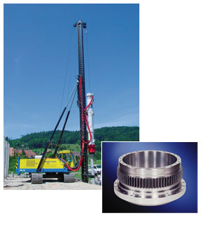 This foundation drilling tool is equipped with a Ball Type Slewing Ring with hardened teeth.